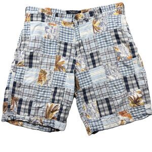 Old Navy Vintage Men Patchwork Madras Plaid Tropical Shorts Blue Size 38 G278